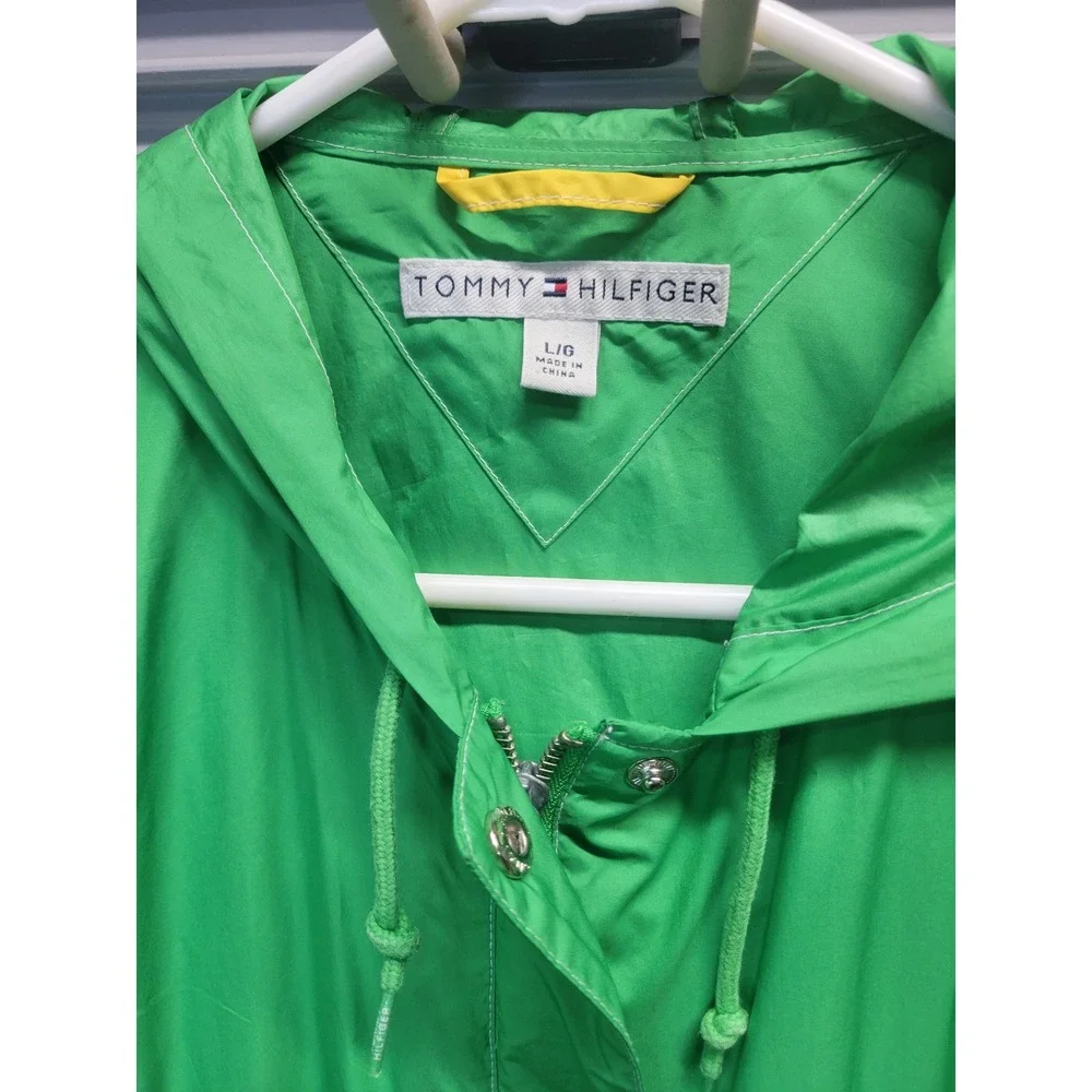 Vtg‎ Tommy Hilfiger Green Hooded Windbreaker Jacket Size L Full Zip Snap Front
